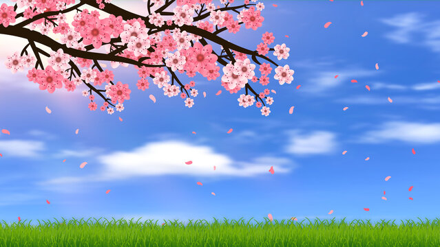 beautiful spring pink flowers and blue sky background. spring season landscape illustration.