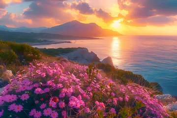 Foto auf Acrylglas Beautiful spring scenery of Sardinia, Italy with a fantastic sunrise on Del Sinis Peninsula. A colorful and vibrant seascape of the Mediterranean Sea. © ELmahdi-AI