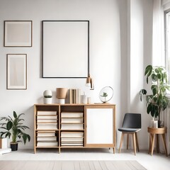 Wooden cabinet with books near white wall with big poster frame.