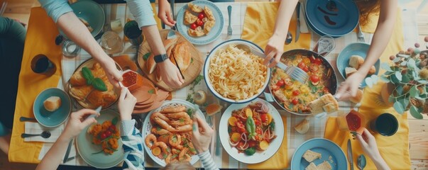 Detail of group people eating home made pasta