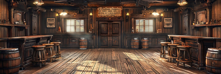 Wild West Saloon with Swinging Doors, Barrels, and Poker Tables. Western Drama Set.