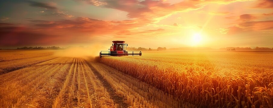 Modern combine or harvester in sunny backlight on gold field.