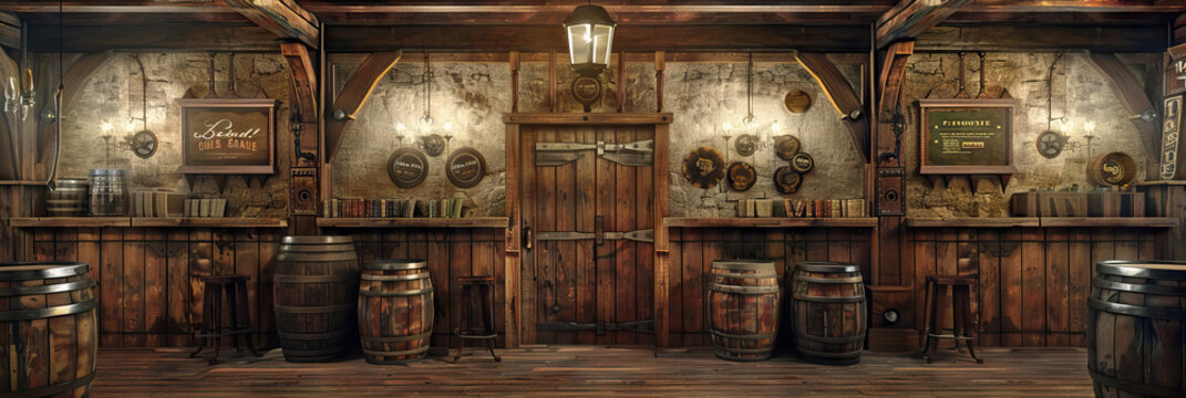 Wild West Saloon with Swinging Doors, Barrels, and Poker Tables. Western Drama Set.