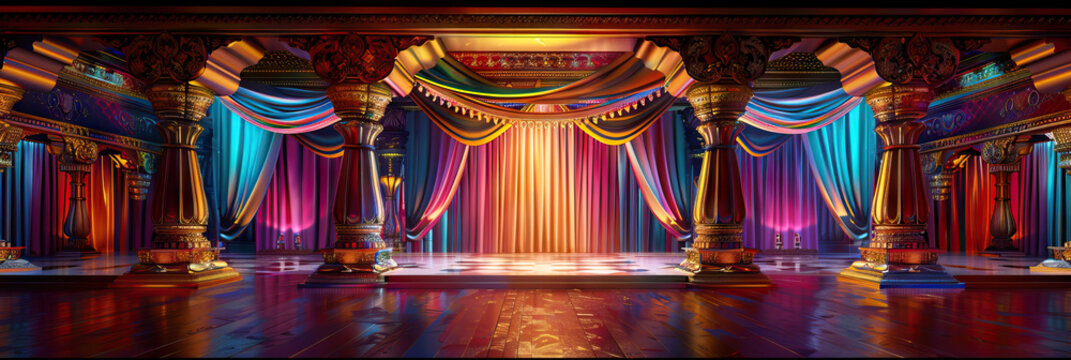 Bollywood Film Set with Colorful Fabrics, Ornate Pillars, and Dancing Stage. Indian Cinema Set