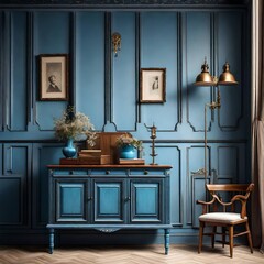 Blue painted wood retro cabinet near wainscoting wall. Vintage classic home interior design of living room with antique furniture.
