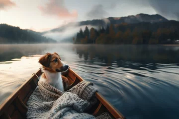 Poster Golden hour glow bathes a puppy in warmth as it gazes from a rowboat, a pictorial pause in time.  AI Generative. © NILSEN Studio