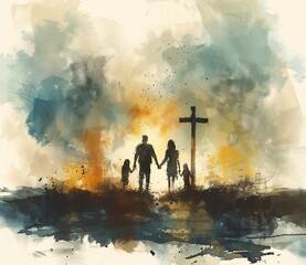 a group of people holding hands and standing in front of a cross
