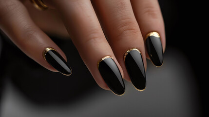 Nail art, Close-up of hand with black matte nail polish and geometric design. Beauty and fashion concept for design and print
