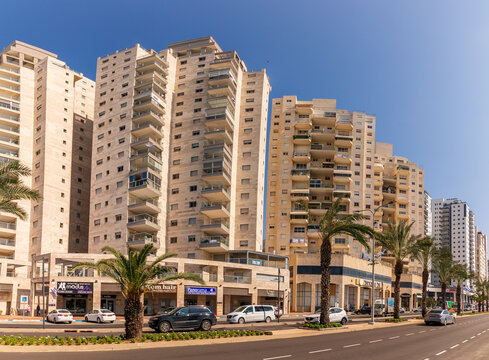 Ashkelon, Israel - Feb 25, 2024: Modern buildings on the city street