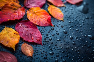 Yellow and red autumn vibrant leaves on wet black background with copyspace, changing climate.
