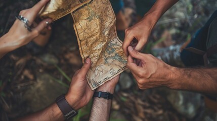 A close-up of friends' hands holding treasure maps, ready to embark on a thrilling treasure hunt together.
