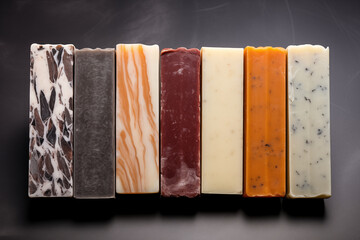 Multi-colored natural handmade soap bars on a dark gray background, top view.