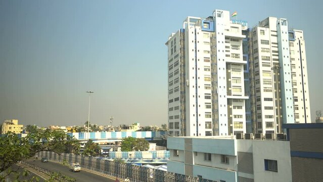 Howrah, West Bengal, India - 10th March 2024 : Nabanna, building, house of the State Secretariat of West Bengal. Office of the respected Chief Minister, Smt. Mamata Banerjee. traffic on the flyover.