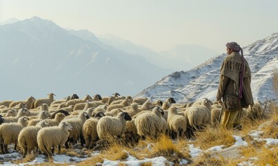 large flock of cashmere sheep in himalaya mountains - obrazy, fototapety, plakaty