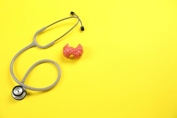 Endocrinology. Stethoscope and model of thyroid gland on yellow background, top view. Space for text
