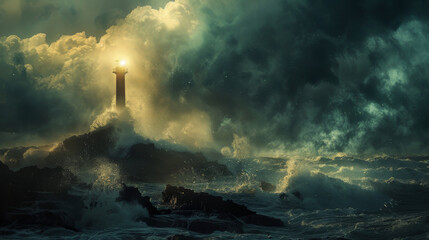 The dramatic image displays a tempestuous sea with rays of light escaping through clouds to illuminate a solitary lighthouse - obrazy, fototapety, plakaty