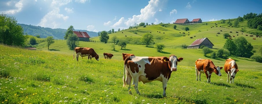 Cows herd on the green grass.