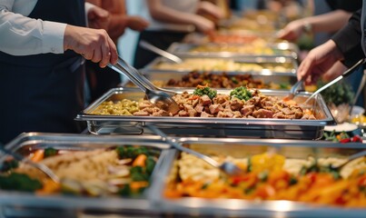 People hands on catering buffet food with grilled food.