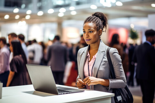 An African American female professional, potential employee job seeker concentrates on laptop at a career fair, looking for vacancies to work in the it sector, tech industry. Concept of Labor Day