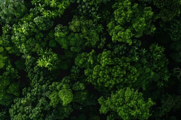 Aerial view of green trees in the forest. Dense green trees absorb carbon dioxide. Green tree nature background carbon neutral and net zero emission concept.
