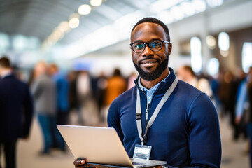 A smiling African American male IT HR recruiter with a laptop is ready to guide job seekers at a career fair. Positive impact of talent scouting in tech. Concept of Labor Day