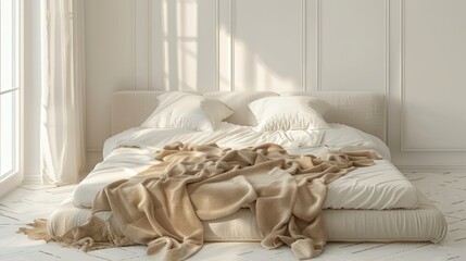 cosy creme white bed with beige blanket 