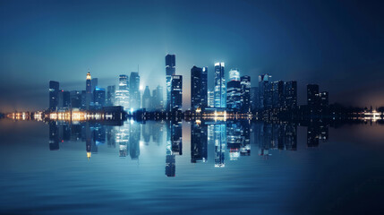 An impressive city skyline with gleaming lights reflecting on calm waters against a dark blue night sky