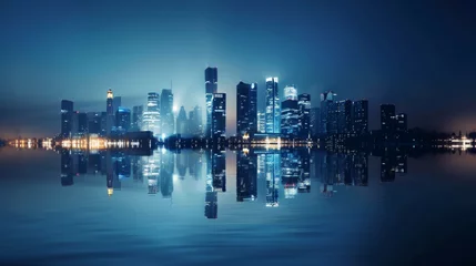 Papier Peint photo autocollant Skyline An impressive city skyline with gleaming lights reflecting on calm waters against a dark blue night sky