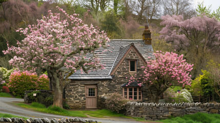 cottage covered with pink flowers in at own