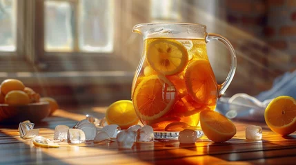 Tuinposter a pitcher of ice tea with lemons and ice © Maria