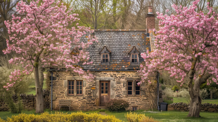 cottage covered with pink flowers in at own