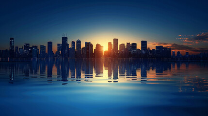 City skyline at sunset with the golden light reflecting in the water, highlighting the skyscrapers
