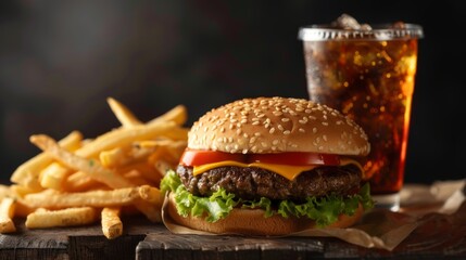 Appetizing cheeseburger with lettuce, tomato, and cheese paired with golden fries and a refreshing glass of cola