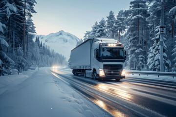 A large semi truck is driving down a snowy road. logistic concept - obrazy, fototapety, plakaty