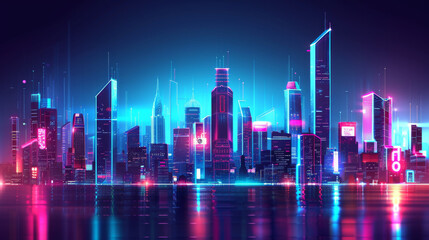 Fototapeta na wymiar A vibrant and colorful representation of a futuristic cityscape illuminated with neon lights and reflections on water