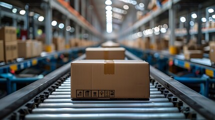 Photo of carton boxes on conveyor belt in warehouse, e commerce processed the order, depthoffield, professional photography, high resolution digital camera - obrazy, fototapety, plakaty