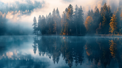 A captivating forest scene reflecting on a tranquil lake during a misty morning, creating a peaceful and mystical atmosphere