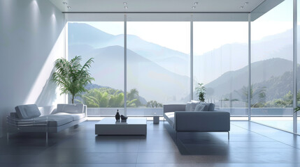 Minimalist interior design of a modern living room with a serene mountain view in the background