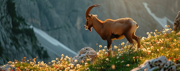 Alpine ibex (Capra ibex), standing in wild flowers and mountains on the background.