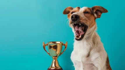 An amusing portrait of a cheerful dog proudly posing next to a gold trophy, evoking a sense of achievement and happiness
