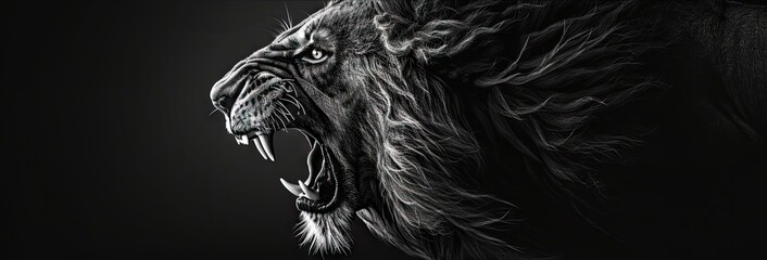 Aggressive lion head detail in black and white color.