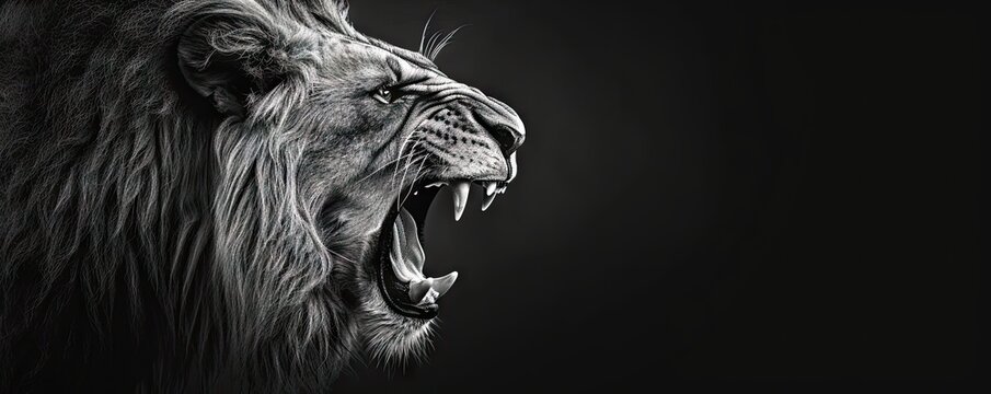 Aggressive lion head detail in black and white color.