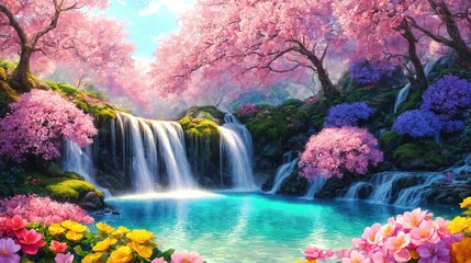 Poster A beautiful paradise land full of flowers,  sakura trees, rivers and waterfalls, a blooming and magical idyllic Eden garden © Cobalt