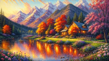 Foto op Aluminium Idyllic countryside summer landscape with wooden old house near river, beautiful flowers and trees with mountains in the background, oil painting illustration. © Cobalt