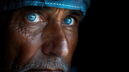 Obraz premium Highly detailed close-up of a surgeon's eye, revealing focus and intensity, set against the blue of the surgical cap.
