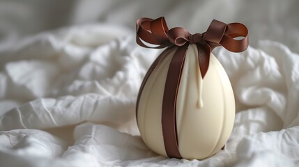 a white and brown egg shaped object with a bow