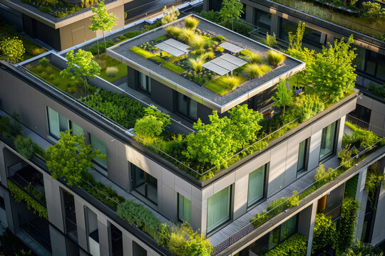 An architectural photograph showing a modern building with a fully integrated green roofing system