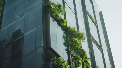 Sustainable green buildings in modern cities, sustainable glass office buildings, trees reduce heat and carbon dioxide. Green office building. Environmental green. Modern green office buildings reduce
