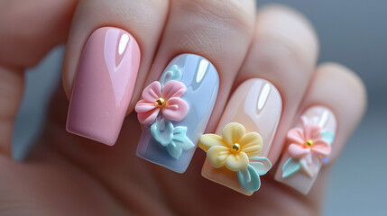 Nail art, Close-up of hand showcasing nail art with delicate 3D flower design. Beauty and springtime concept for design and print