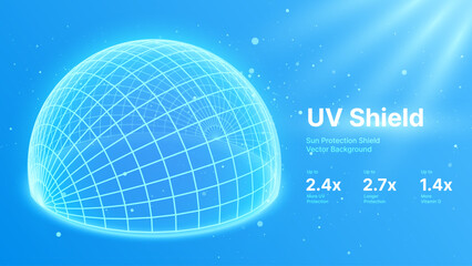 Sun Protection Futuristic Glowing Shield. 3D Sphere Bubble Shield from Ultraviolet Light. Game Hi Tech Dome. Solar Protection Screen. UV Radiation Safety Concept. Summer Vector Illustration.